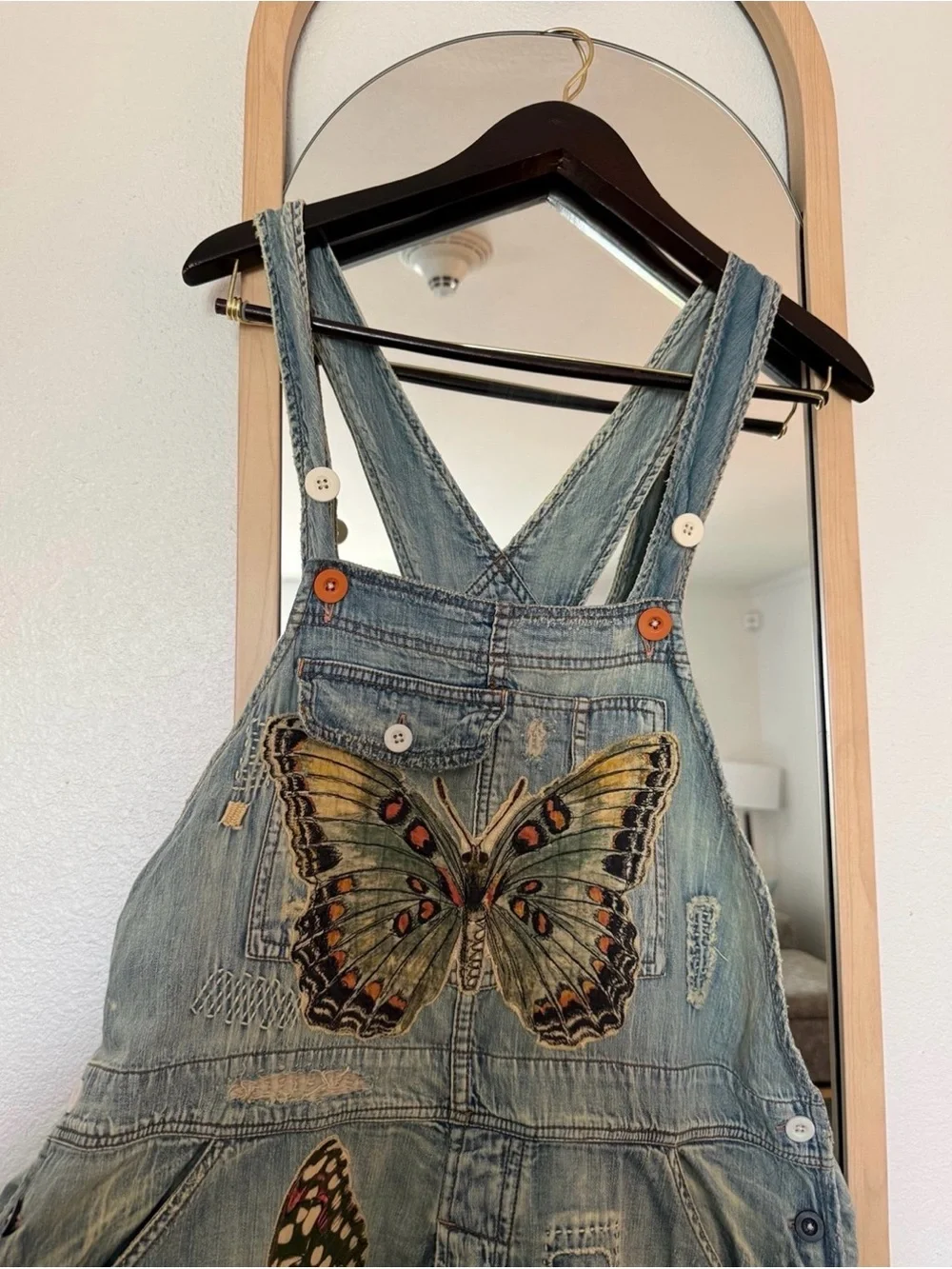 Magnolia Pearl Cotton Denim Appliqué Butterfly Overalls - Picture 3 of 14